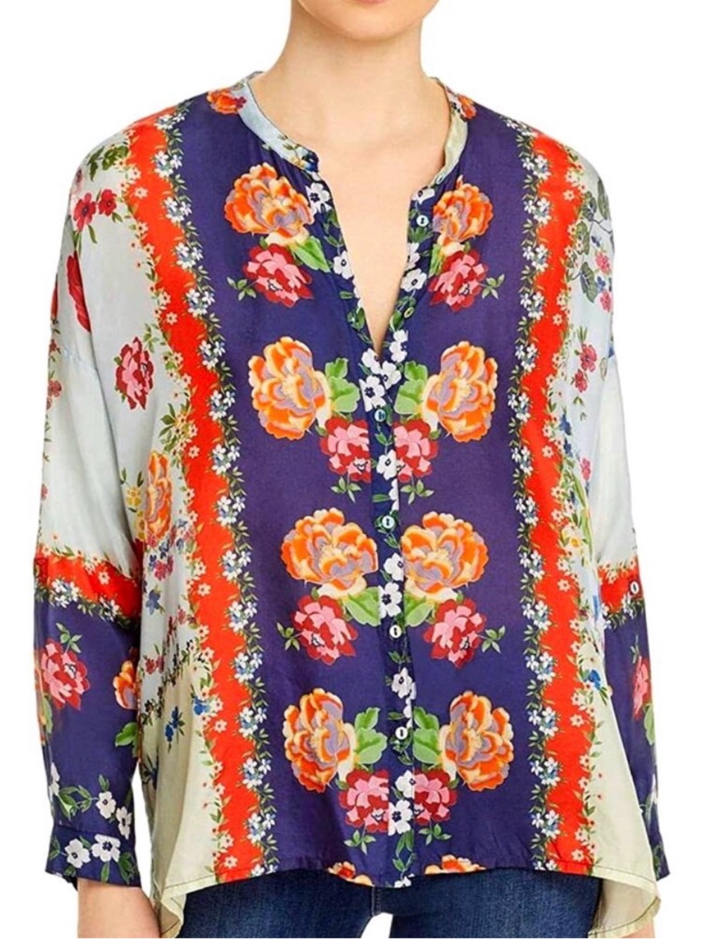 Johnny Was Kallipoe Floral Printed Silk Blouse Boho Oversized Boxt Size XL